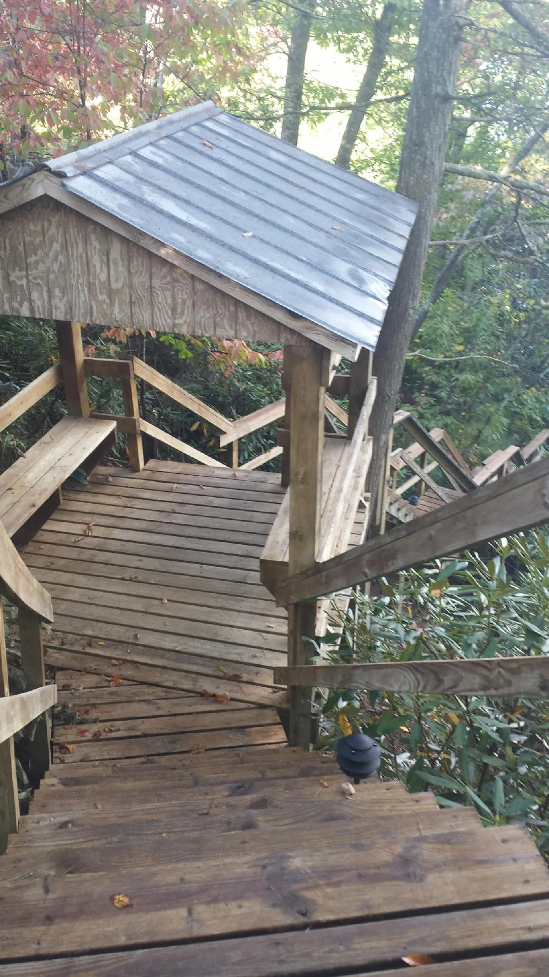 Metal roofed shelter over wooden steps on a wooded walkway — Skylight Repair & Installation work by our crew in Roy